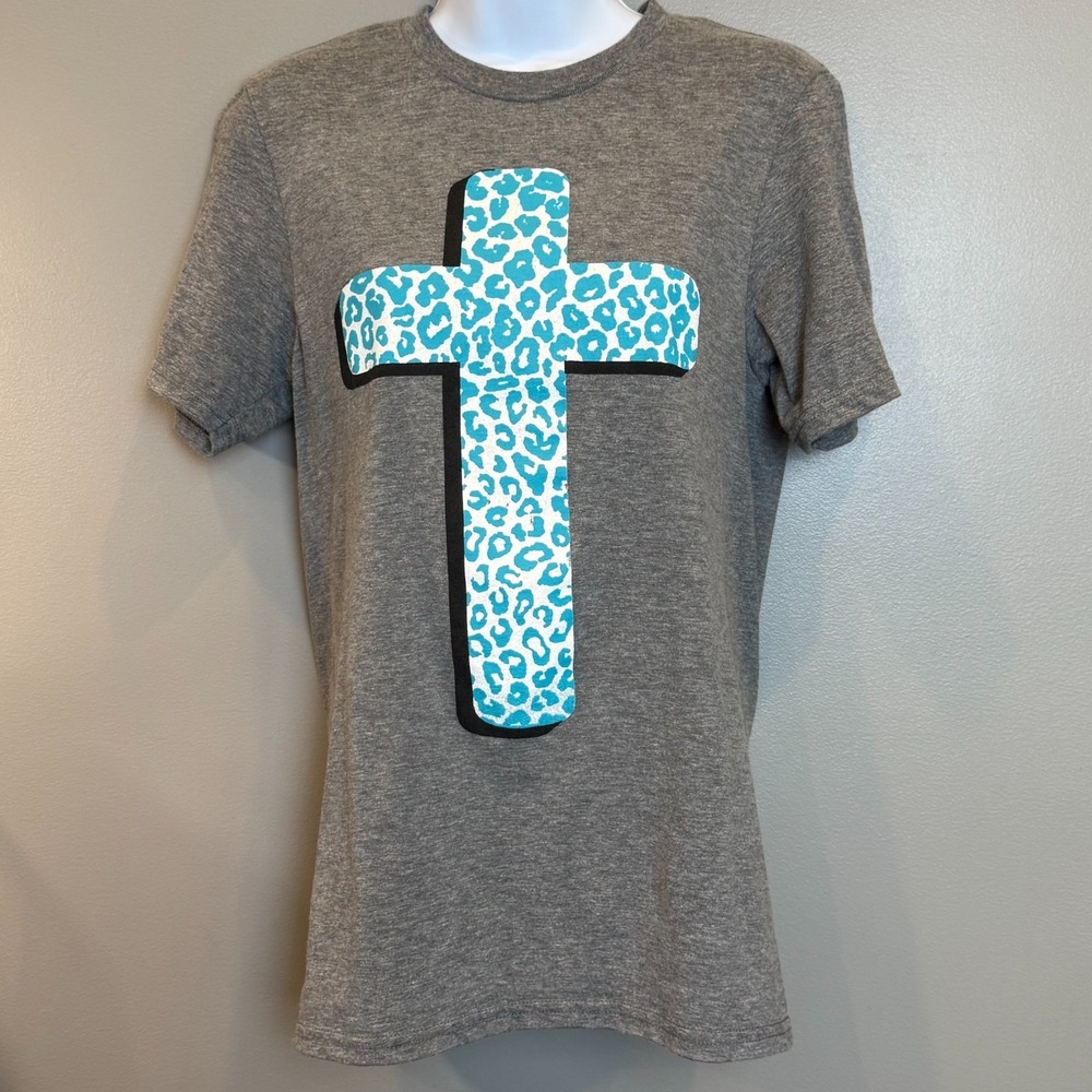 Anvil by Gildan Gray Blue Leopard Cross Graphic T-Shirt Size Small Christian Tee